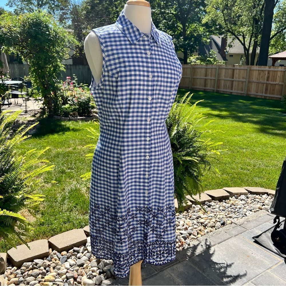 ISAACMIZRAHI Live Blue & White Checked Midi Sleeveless Dress Size 12 - Picture 7 of 10